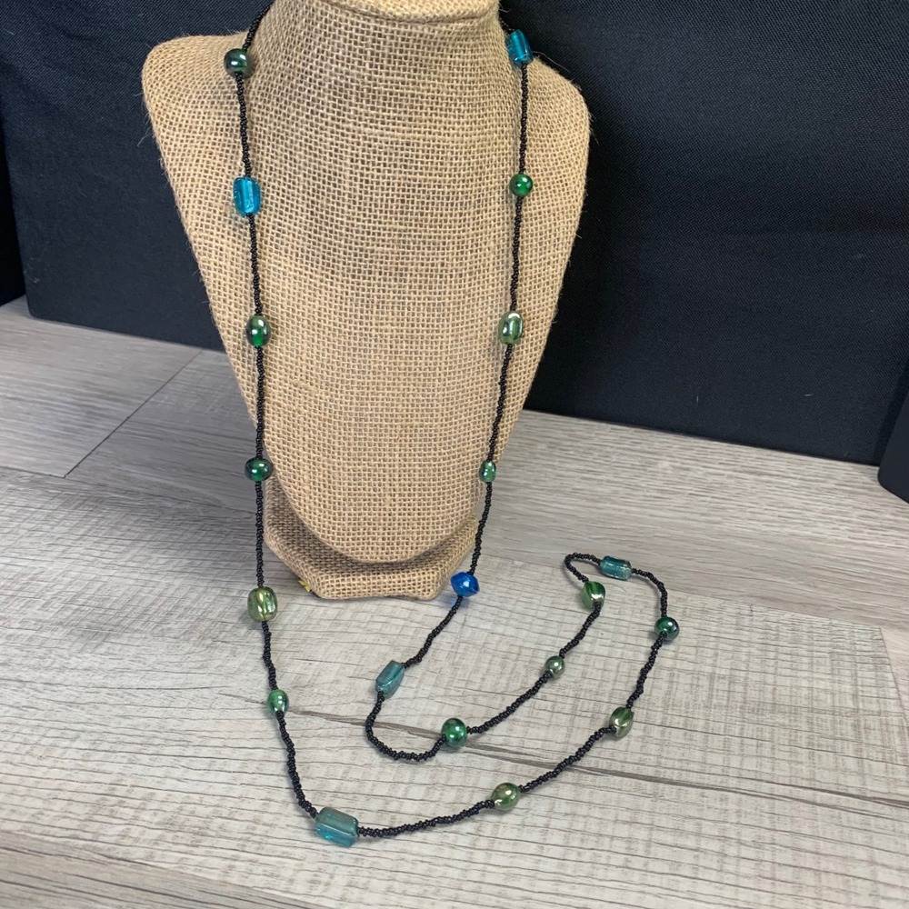 Long Black Seed Bead Necklace with Green Teal and Blue Glass Accents 45 Inch